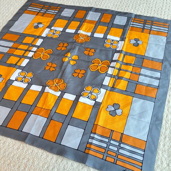 Anne Valery silky scarf mod 1970's orange blue & gray 30" square flower power - Picture 5 of 6